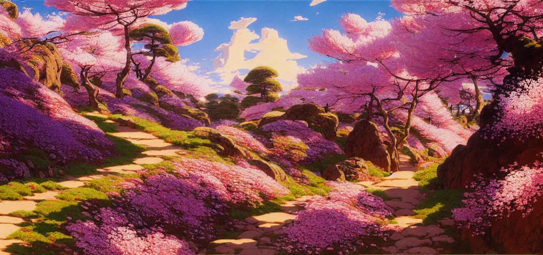 Image similar to ghibli illustrated background of a trail leading through a strikingly beautiful landform with strange rock formations and red water, purple flowers and cherry blossoms by vasily polenov, eugene von guerard, ivan shishkin, albert edelfelt, john singer sargent, albert bierstadt 4 k