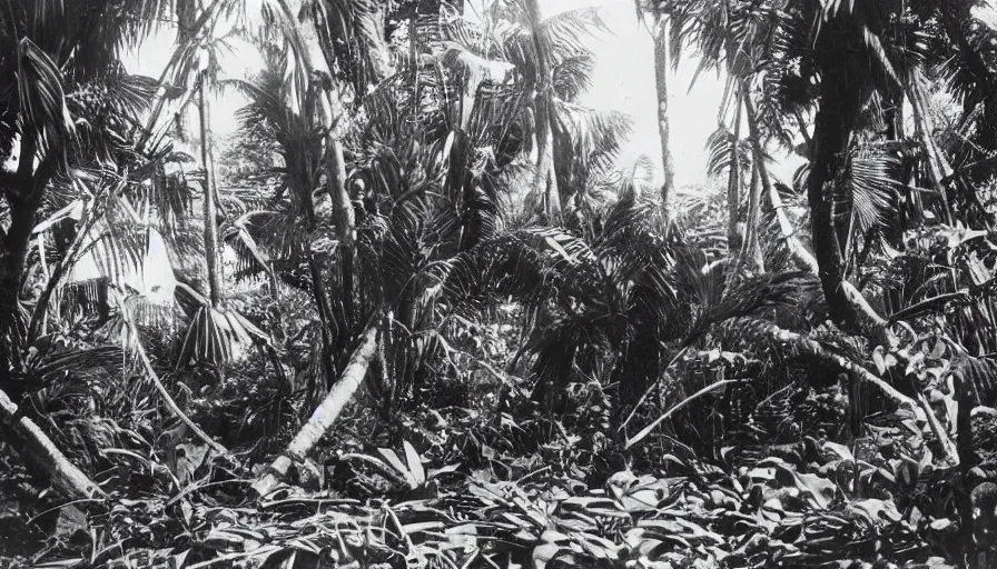 Image similar to lost film footage of a sacred ready - made object in the middle of the ( ( ( ( ( ( ( ( ( tropical jungle ) ) ) ) ) ) ) ) ) / film still / cinematic / enhanced / 1 9 0 0 s / black and white / grain