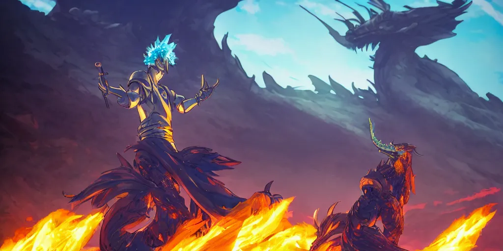 Prompt: dragon spits fire on a blue knight holding a gold sword, green hatchback car screen left, low wide angle, anime, desert landscape, greg rutkowski, Murata, one punch man manga, cinematic, digital art, hyper realistic