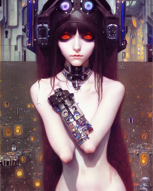 Image similar to portrait of cute beautiful young gothic maiden, cyberpunk, Warhammer, highly detailed, artstation, illustration, art by Gustav Klimt and Range Murata