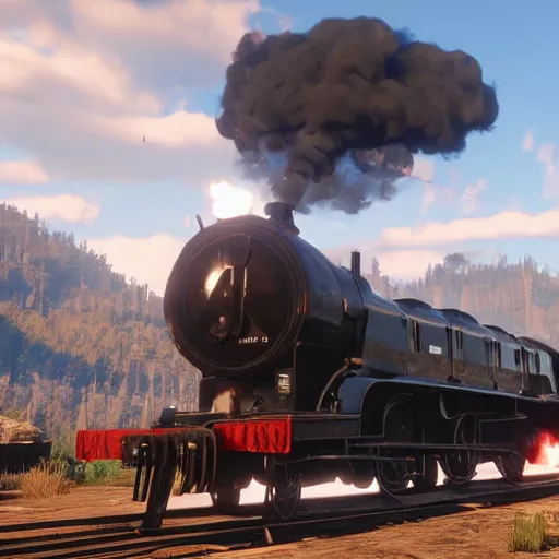 Image similar to futuristic sleek steam locomotive in red dead redemption 2