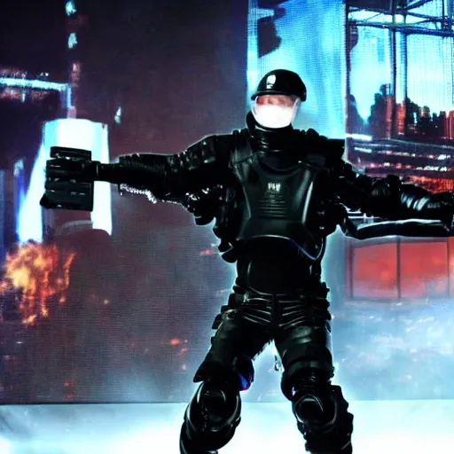 Image similar to eminem wearing a futuristic full face ballistic mask which is large video screen image of eminem's face, and he is wearing black leather exoskeleton mechanical body armor. a mini - gun is attached to the end of a robot arm that mounted on his shoulder - h 6 4 0