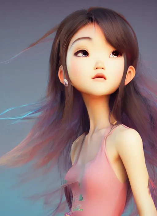 Image similar to a cute asian girl dancing, flowing hair in the style of pixar animation, full body shot, viewed from bellow, award winning, hyper detailed, studio lighting, artstation, octane renderer, unreal engine