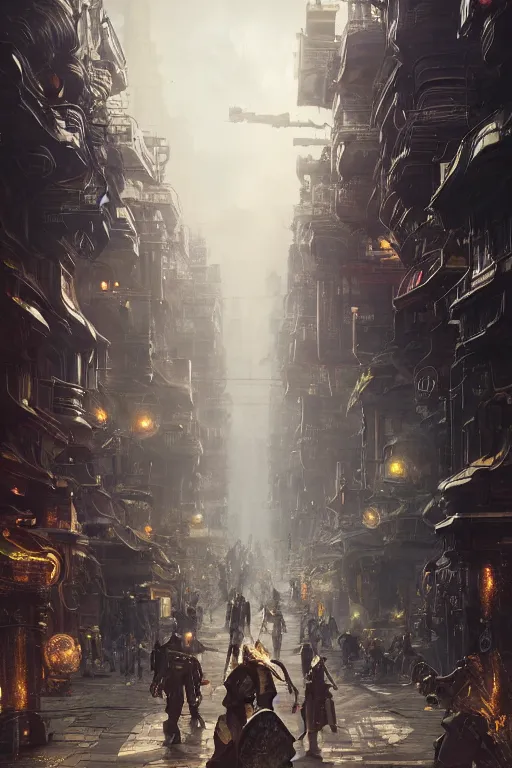 Image similar to a portrait of a robot in the middle foreground walking in the street of an elven city by Greg Rutkowski, Sung Choi, Mitchell Mohrhauser, Maciej Kuciara, Johnson Ting, Maxim Verehin, Peter Konig, final fantasy , mythical, 8k photorealistic, cinematic lighting, HD, high details, atmospheric,