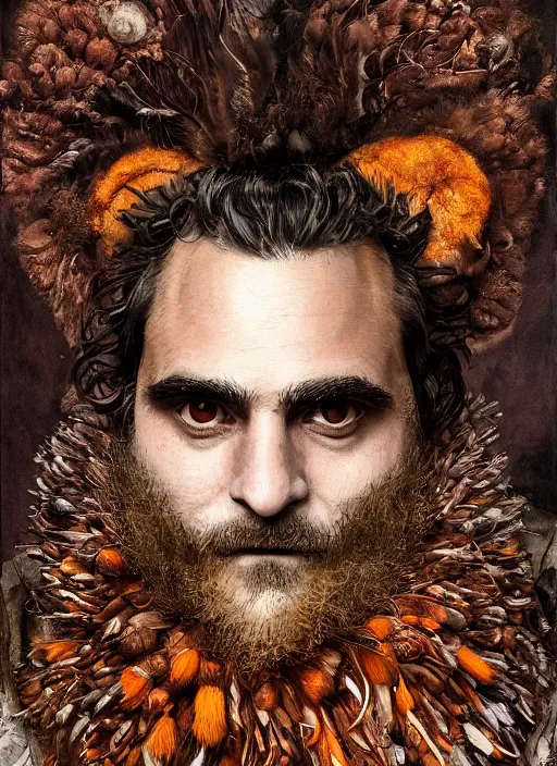 Image similar to a hyper detailed painting of a anthropomorphic joaquin phoenix as the king of animals, cow horns, pig nose, sheep wool, chicken feathers, horror, by anna podedworna, by miklos ligeti, by diego maricato, by taran fiddler, by antonino truisi, by chris reddie, on artstation