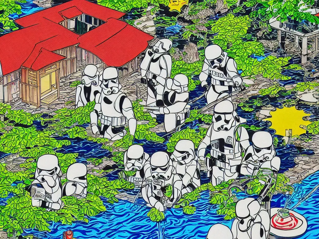 Image similar to super - detailed close - up image of one japanese house with a garden, pond, five stormtroopers sitting around it, in style of pop - art, andy warho style, roy lichtenstein style, jackie tsa stylei, bright palette, acrylic on canvas