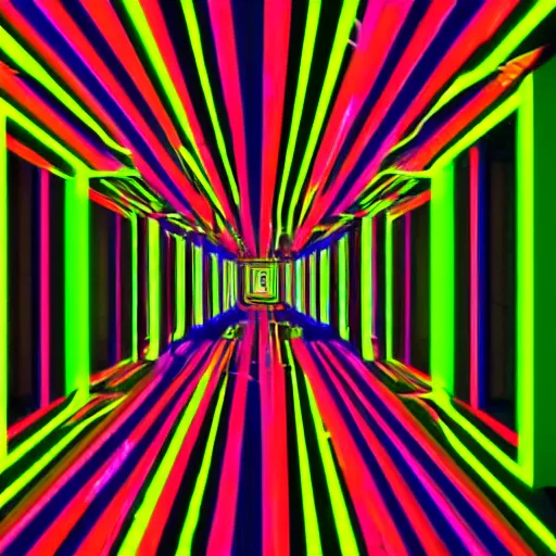 Prompt: empty neverending mirror room, neon candy stripe, fluorescent tesselation, pinks and yellows, the walls are gyrating, darkwave, starlit, full moon, in the style of mc escher, C 10.0