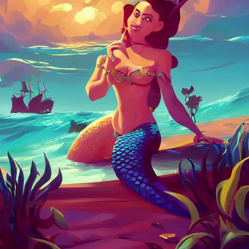 Image similar to painting mermaid treasure on sea of thieves game avatar hero smooth face median photoshop filter cutout vector, behance hd by jesper ejsing, by rhads, makoto shinkai and lois van baarle, ilya kuvshinov, rossdraws global illumination