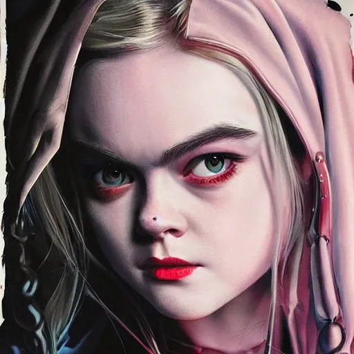 Prompt: a striking hyper real painting of Elle Fanning as batgirl, dark, metal, occult, by Edward Hughes