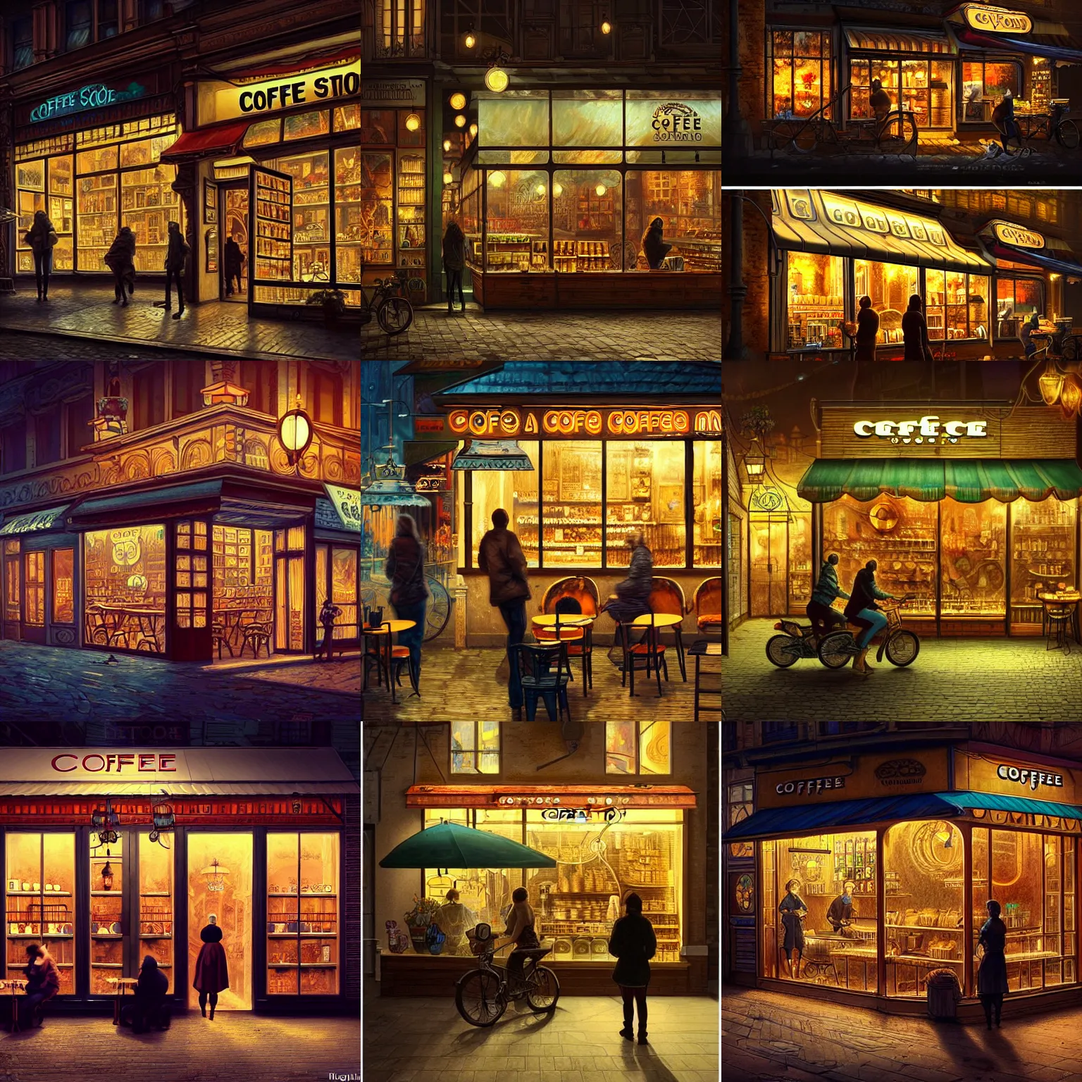 Image similar to a coffee shop store in The City of Ukraine at night with a few customers, extreme plus resolution fantasy concept art, intricate details to everything visible, sharp lighting, Dramatic light by denis villeneuve, strong emphasis on alphonse mucha, Makoto Shinkai