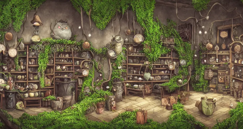 Prompt: small witch shop, counter, cauldrons, potions, hats, owls, ferns and vines, highly detailed, sharp focus, matte painting, by studio ghibli, by giovani magana,