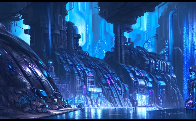 Prompt: cyberpunk factory in a dark cave, blue crystals, hyper detailed, realistic, intricate, concept art by frank hong, mate painting, artstation