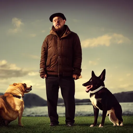 Image similar to man who is angry standing next to a very happy dog, realistic, photographic, cinematic, 8 k