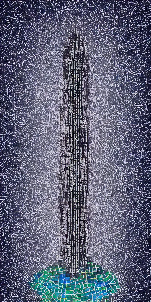 Image similar to a skyscrapper in a field with a sky background, a mosaic by jeffrey smith, behance contest winner, generative art, circuitry, fractalism, behance hd