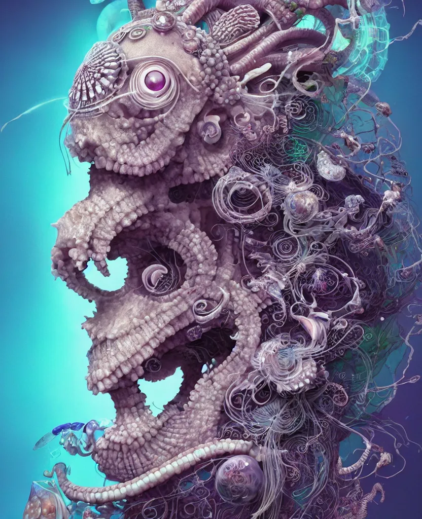 Image similar to goddess close-up portrait ram skull, thorax, x-ray, backbone, jellyfish phoenix head, nautilus, orchid, skull, betta fish, bioluminiscent creatures, intricate artwork by Tooth Wu and wlop and beeple. octane render, trending on artstation, greg rutkowski very coherent symmetrical artwork. cinematic, hyper realism, high detail, octane render, 8k