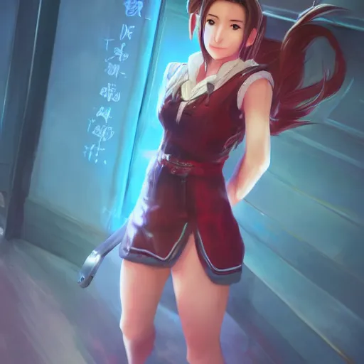 Image similar to head to toe shot of aerith ff7 by wlop, rossdraws, mingchen shen, bangkuart, sakimichan, yan gisuka, jeongseok lee, artstation, 4k