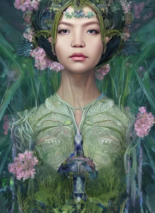 Image similar to portrait of Lalisa Manobal as a Celestial Goddess of a futuristic princess, inside future fighter, sci-fi, fantasy, intricate, lush garden spaceship with sakura season flowers, elegant, human anatomy, royal green and nature light, highly detailed, digital painting, artstation, concept art, smooth, sharp focus, illustration, art by tian zi and WLOP and alphonse mucha, masterpiece, 3d blender