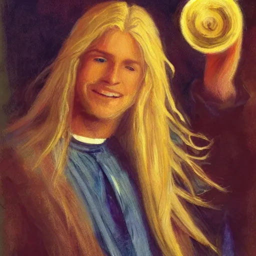 Image similar to a blond male wizard with long hair, fair skin, blue eyes, smiling, a tear falling from his eye, as he casts a spell that emanates golden light, impressionist style