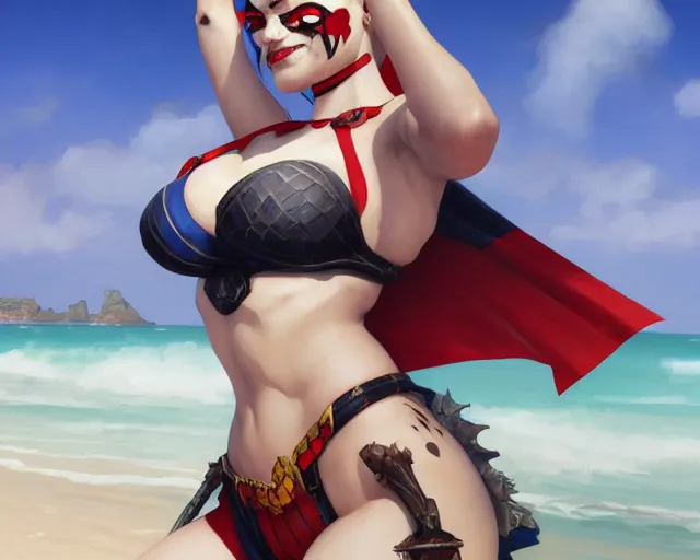 Image similar to photography of harley quinn in bikini at the beach, deep focus, d & d and mtg, fantasy, intricate, elegant, highly detailed, digital painting, artstation, concept art, matte, sharp focus, illustration, hearthstone, art by artgerm and greg rutkowski and alphonse mucha