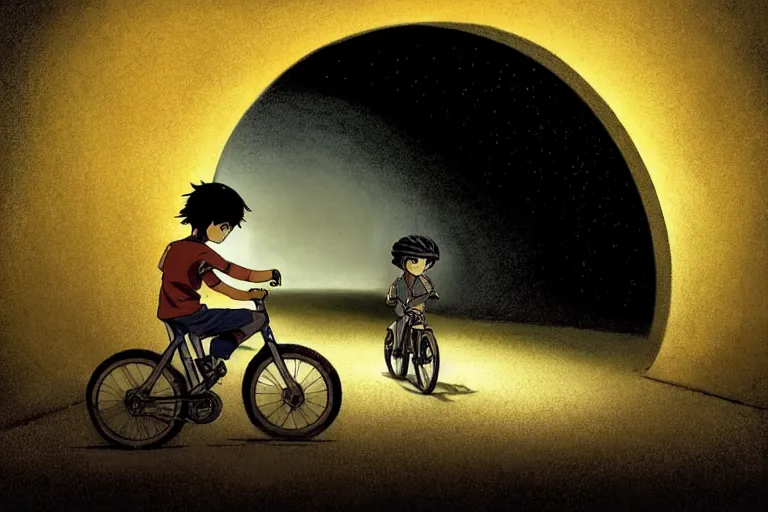 Prompt: a boy riding his bike alone through a tunnel at night, high intricate details, rule of thirds, golden ratio, cinematic light, anime style, graphic novel by fiona staples and dustin nguyen, by beaststars and orange, peter elson, alan bean, studio ghibli, makoto shinkai