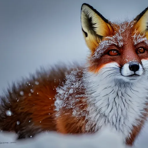 Image similar to Photorealistic photograph of a cute fox in snow by Suzi Eszterhas, photorealism, photorealistic, realism, real, highly detailed, ultra detailed, detailed, 70mm f/2.8L Canon EF IS lens, Canon EOS-1D Mark II, Wildlife Photographer of the Year, Pulitzer Prize for Photography, 8k,