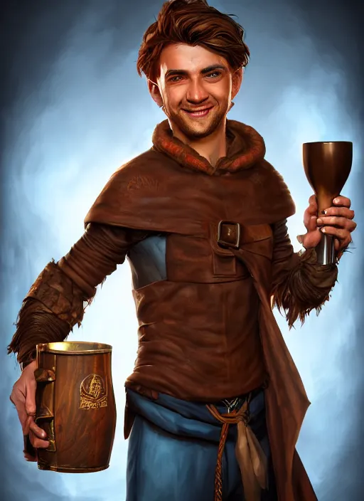 Image similar to An epic fantasy comic book style portrait painting of a handsome young man with brown wavey hair, wearing thief clothing in a tavern and smiling with a wooden tankard in hand, unreal 5, DAZ, hyperrealistic, octane render, cosplay, RPG portrait, dynamic lighting