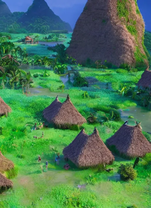 Prompt: subsurface scattering, medieval village in the middle of lush forest, from the live action film moana 4 k quality super realistic, cinematic lighting, 8 k