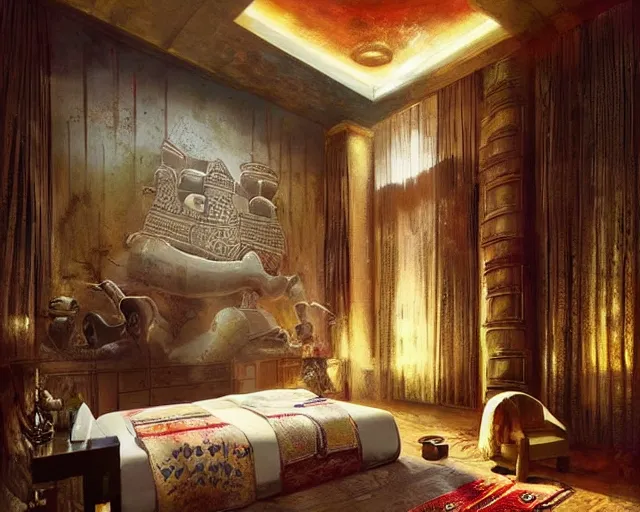 Image similar to a luxury hotel! suite room in the style of precolombian aztec!, art by greg rutkowski and artgerma, stunning! concept art, interior! design