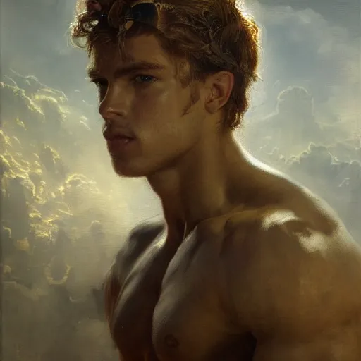 Prompt: handsome portrait of a young guy fitness posing, war hero, flexing abs, radiant light, caustics, reflective, by gaston bussiere, bayard wu, greg rutkowski, giger, maxim verehin