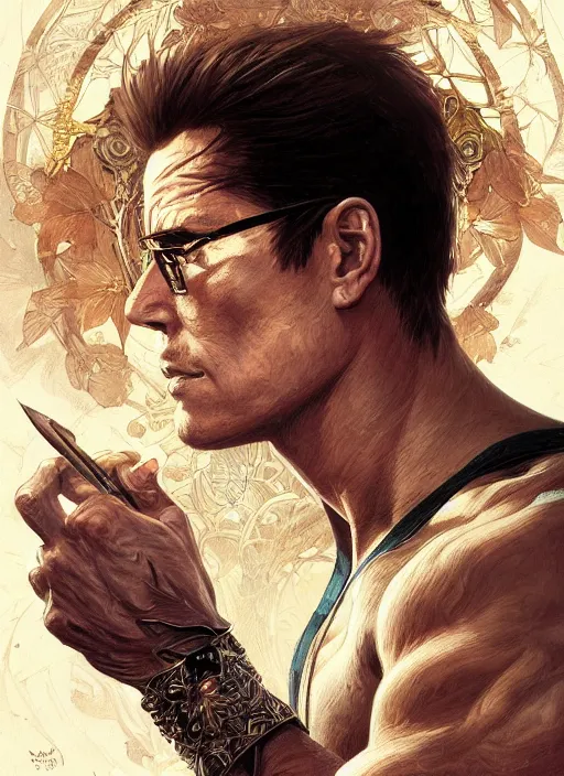 Image similar to a beautiful illustration of a johnny cage, intricate, sharp focus, illustration, highly detailed, digital painting, concept art, matte, art by wlop and artgerm and greg rutkowski and alphonse mucha, masterpiece