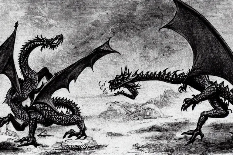 Prompt: very old photo of a dragon attacking the medieval