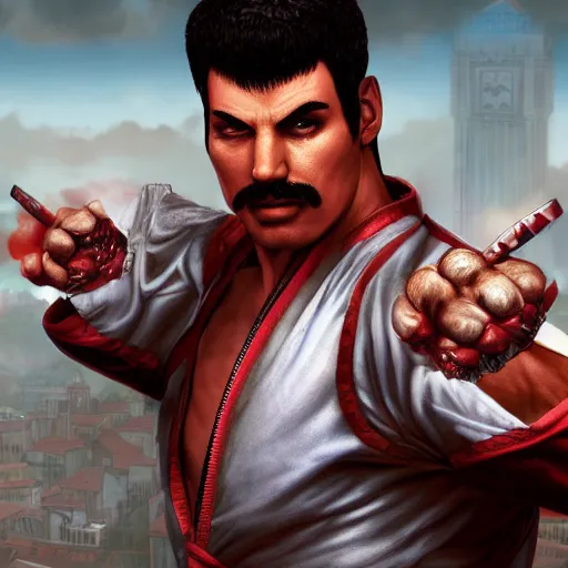 Image similar to freddy mercury as ryu street fighter, ultra realistic, concept art, intricate details, highly detailed, photorealistic, octane render, 8 k, unreal engine, art by frank frazetta, simon bisley, brom