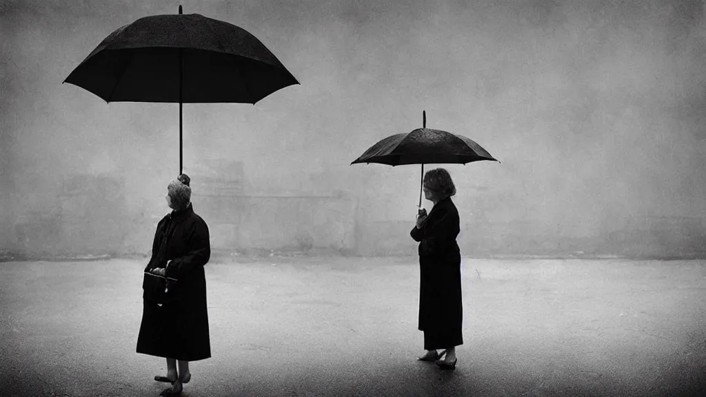 Image similar to “ a woman waiting on the corner holding an umbrella, photography by gregory crewdson ”