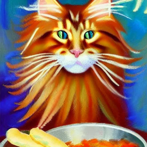 Image similar to beautiful impressionist painting of an ginger maine coon with a white beard cooking some sausages on a pan