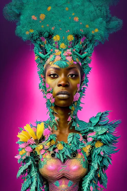 Image similar to high quality photo neo - rococo cinematic super expressive! yoruba goddess with exoskeleton armor, merging with tree in a forest, pink yellow flowers, highly detailed digital art masterpiece, smooth etienne sandorfi eric zener dramatic pearlescent soft teal light, ground angle hd 8 k, sharp focus