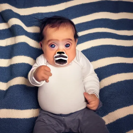 Prompt: baby with a very thick moustache laying on a blanket, photograph, dark moustache, tom selleck style moustache, sam elliot style moustache, grouch marx style moustache, depth of field, cute baby with moustache, olan mills, professional portrait photograph