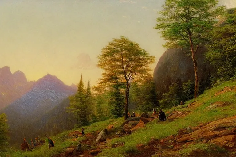 Prompt: mountains, trees, beautiful nature, very detailed, focused, oil painting, colorful, canvas, artstation, Sydney Mortimer Laurence, Albert Bierstadt, Theodor Kittelsen, Hans Dahl, Konstantin Yakovlevich Kryzhitsky, Hermann Hendrich