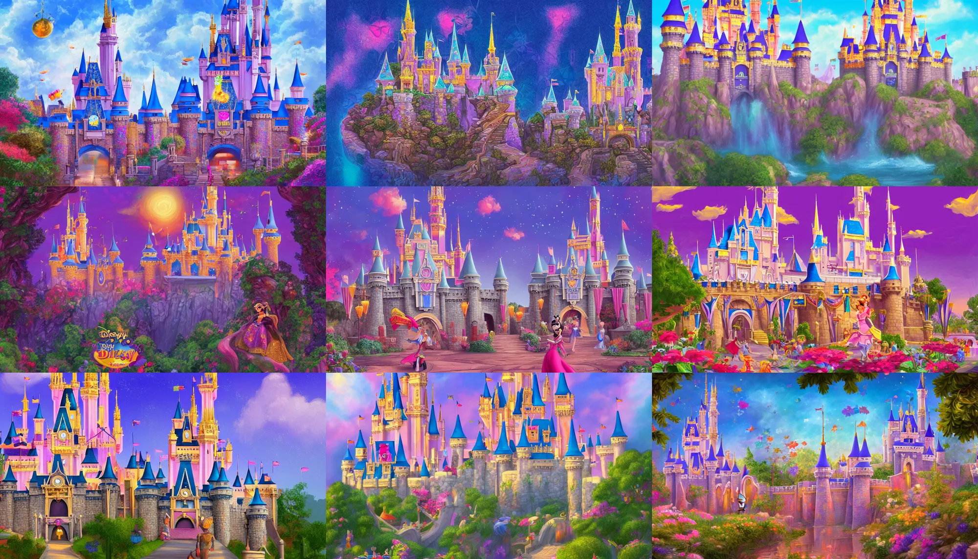 Prompt: disney castle, highly detailed, digital painting, artstation, concept art, sharp focus, illustration, by lisa frank