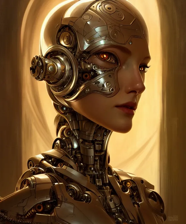 Prompt: female mechanical android!, half portrait, intricate detailed environment, photorealistic!, amber eyes, face, long hair, fantasy, intricate, elegant, highly detailed, digital painting, artstation, concept art, smooth, sharp focus, illustration, art by artgerm and greg rutkowski and alphonse mucha