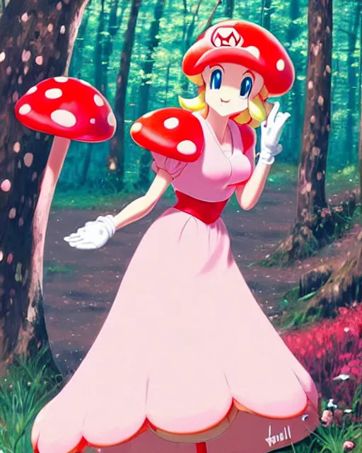 Prompt: princess peach from mario walking through a red and white spotted mushroom forest | | very very anime!!!, fine - face, realistic shaded perfect face, fine details. anime. realistic shaded lighting poster by ilya kuvshinov katsuhiro otomo ghost - in - the - shell, magali villeneuve, artgerm, jeremy lipkin and michael garmash and rob rey