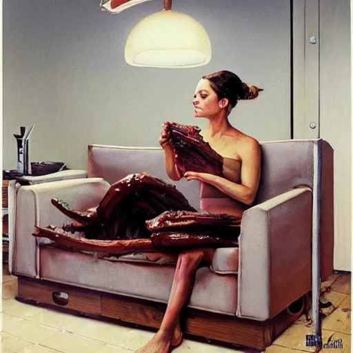 Image similar to Mila Kunis consumes bbq ribs on a sofa in a dark kitchen lit by a single bulb, painted by rick berry and norman rockwell and zdzislaw beksinski, highly detailed