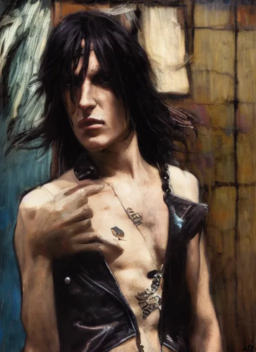 Image similar to androgynous glam rocker outside cbgb in the style of phil hale, sfumato Orientalist portrait by john william waterhouse and James Gurney and Theodore Ralli and Nasreddine Dinet, oil on canvas. Cinematic, hyper realism, realistic proportions, dramatic lighting, high detail 4k