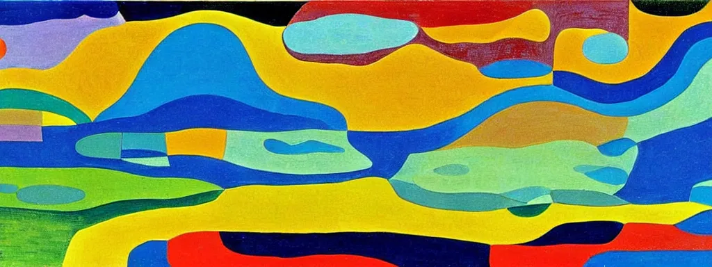 Prompt: Psychedelic sci-fi dreamworld. Landscape painting. Organic. Winding rushing water. Waves. Clouds. Landscape by Alex Katz. Wayne Thiebaud. Paul Klee