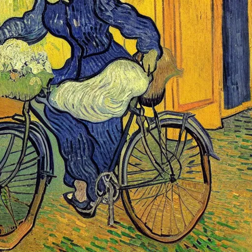 Image similar to van gogh painting of an old lady that fell of her bicycle in front of a dutch farm