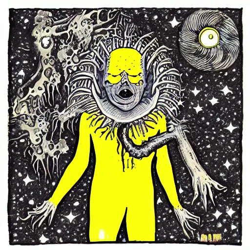 Prompt: yellow king afraid of horror cosmic bizarre and creepy