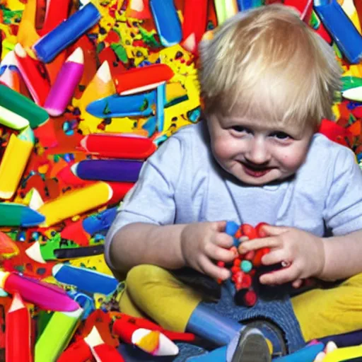 Image similar to Boris Johnson eating crayons while sitting on kindergarten puzzle floor, full body