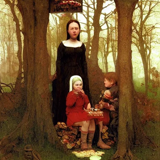 Image similar to an eerie, realistic illustration of a full-sized witch\'s gingerbread house covered in candy in the middle of dark and twisted woods, being visited by a poor waif brother and sister eating the candy, by Bouguereau, John William Waterhouse and Thomas Kincade