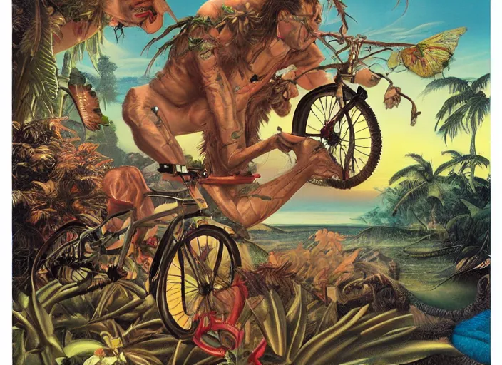 Prompt: 🌴🚲👨🏼🦱👴🏿🦋, lowbrow, 3 - d highly detailed, in the style of, gerald brom,