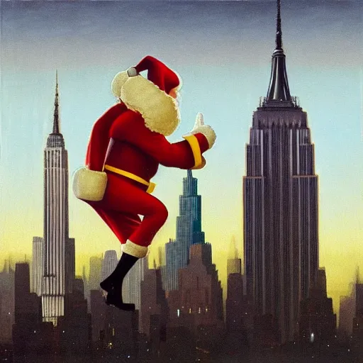 Prompt: Santa buzzing/flying past the empire state building whilst wearing his jetpack greg rutkowski giorgio de chirico john currin clarence holbrook carter mark ryden simon stalenhag