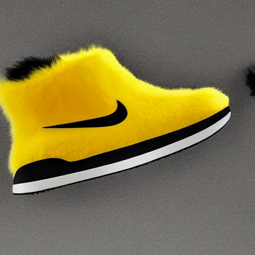 Image similar to nike model shoe made of very fluffy yellow and black faux fur placed on reflective surface, pikachu colors professional advertising, overhead lighting, heavy detail, realistic by nate vanhook, mark miner